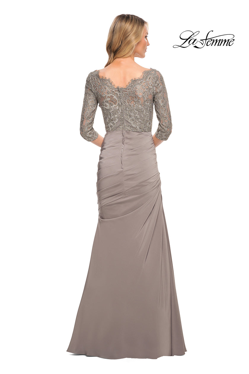 Picture of: Gathered Mermaid Satin Gown with Lace Top in Platinum, Style: 24926, Detail Picture 2