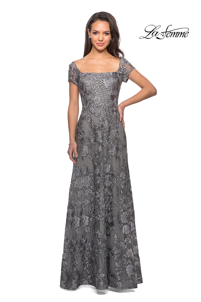 Picture of: Floor Length Short Sleeve Lace Gown in Platinum, Style: 26582, Detail Picture 2