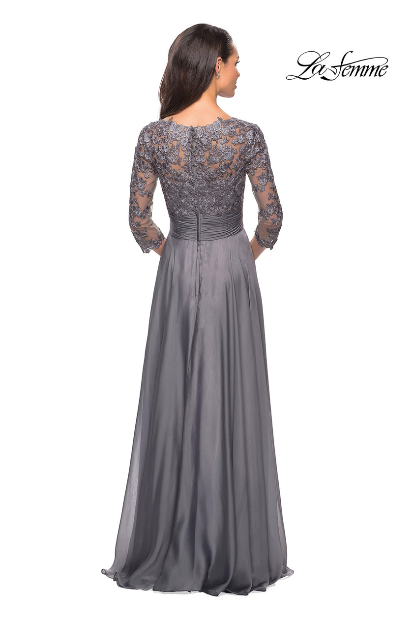 Picture of: Floor Length Chiffon Dress with Lace Sleeves in Platinum, Style: 27153, Detail Picture 2