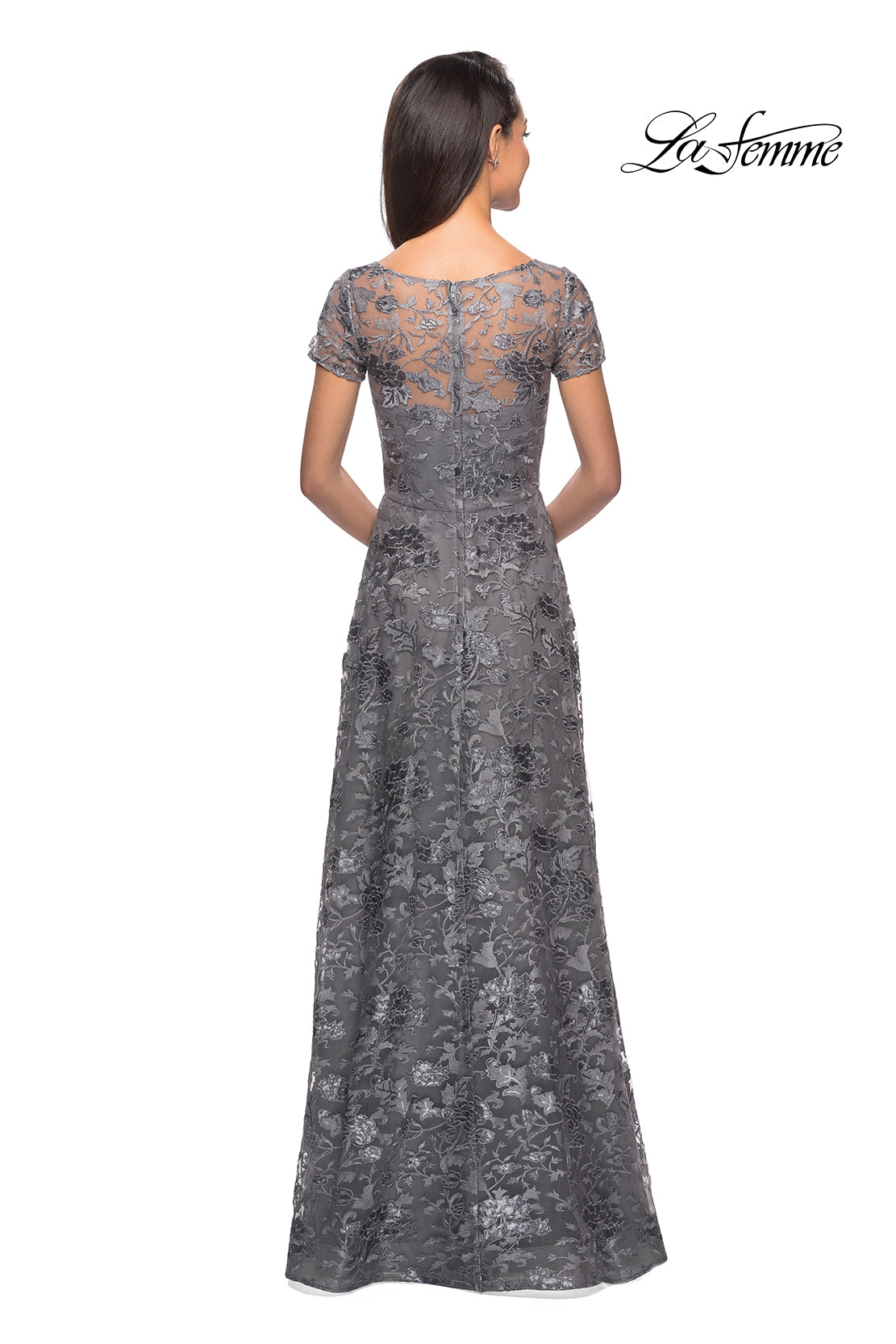 Picture of: Short Sleeve Long Sequin Dress with Sheer Neckline in Platinum, Style: 27839, Detail Picture 2