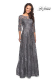 Picture of: Long Lace Dress with Sequins and Sheer 3/4 Sleeves in Platinum, Style: 27885, Detail Picture 2