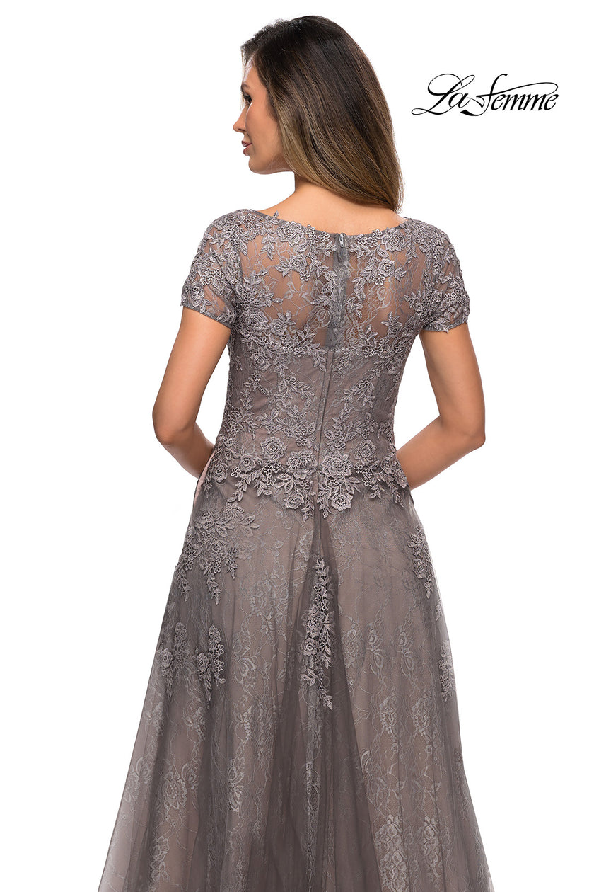 Picture of: A-line Dress with Lace Detail and Sheer Cap Sleeves in Platinum, Style: 28091, Detail Picture 2