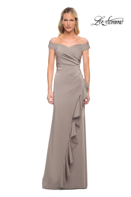 Picture of: Off the Shoulder Jersey Evening Gown with Ruffle Skirt Detail in Platinum, Detail Picture 2