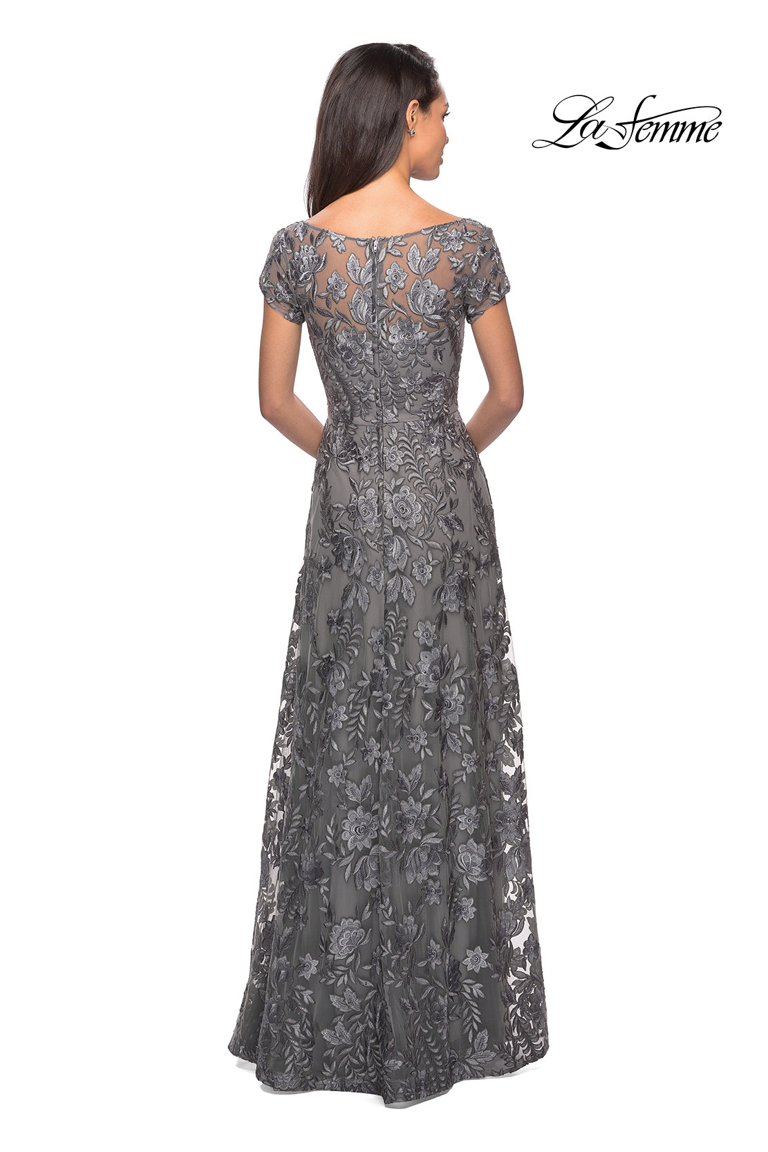 Picture of: Floor Length Short Sleeve Lace Gown in Platinum, Style: 26582, Detail Picture 3