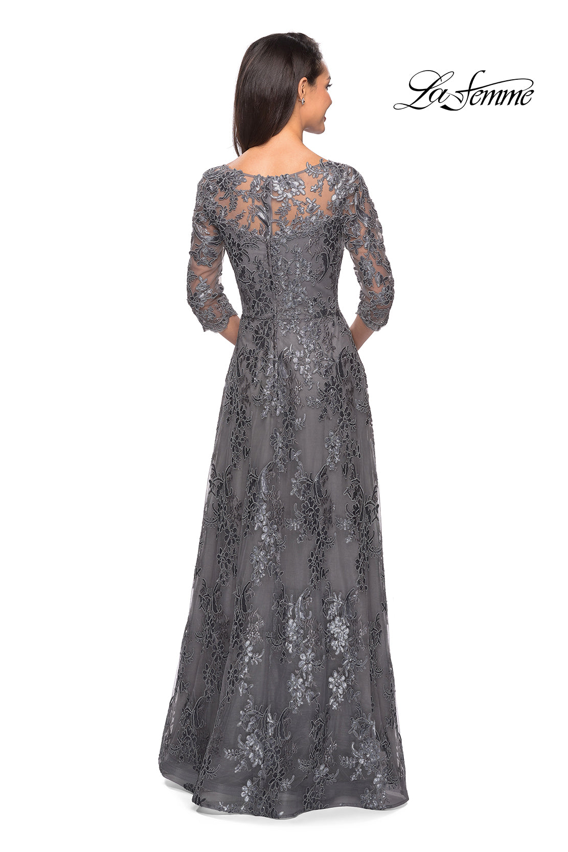 Picture of: Long Lace Dress with Sequins and Sheer 3/4 Sleeves in Platinum, Style: 27885, Detail Picture 3