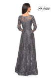 Picture of: Long Lace Dress with Sequins and Sheer 3/4 Sleeves in Platinum, Style: 27885, Detail Picture 3