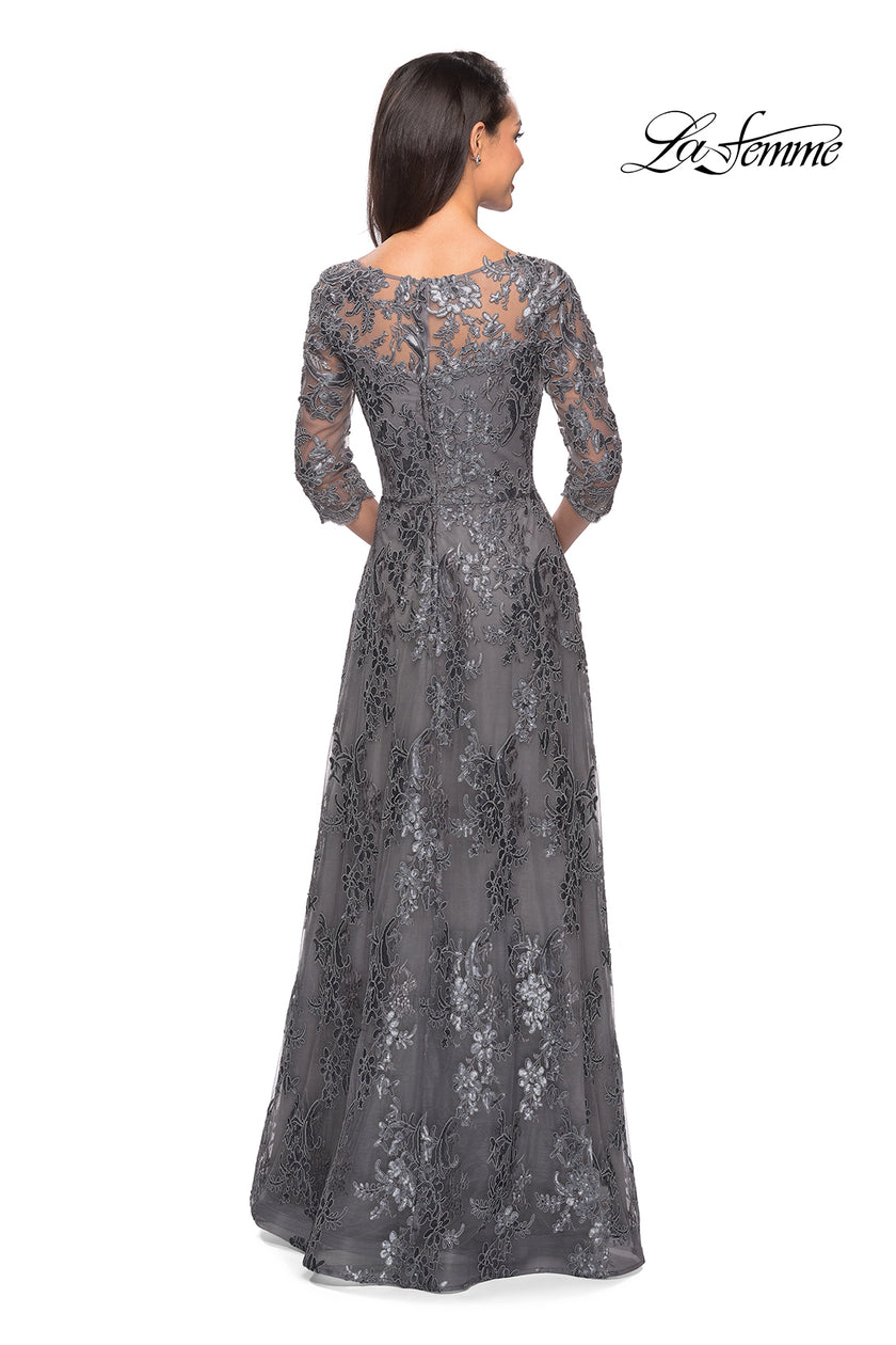 Picture of: Long Lace Dress with Sequins and Sheer 3/4 Sleeves in Platinum, Style: 27885, Detail Picture 3