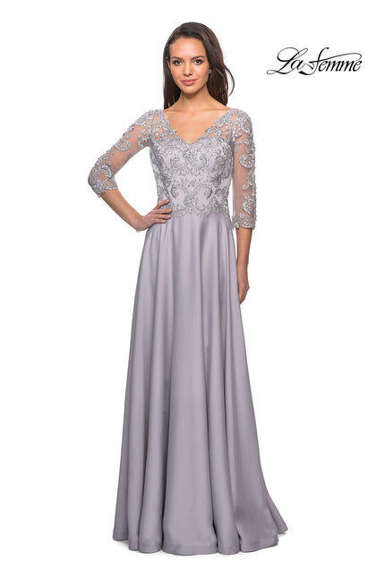 Picture of: Floor Length Satin Dress with Lace Detail and Pockets in Platinum, Style: 27235, Detail Picture 4