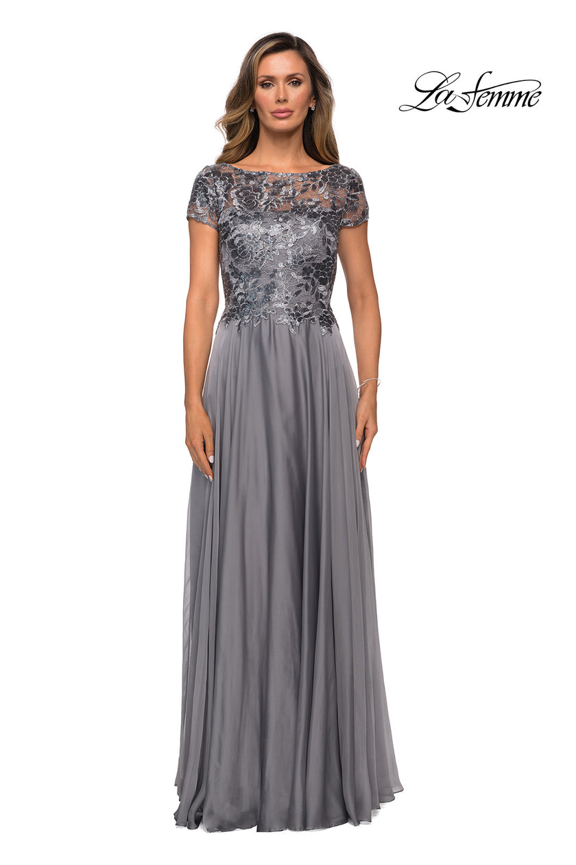 Picture of: Short Sleeve Metallic Lace Evening Dress with Chiffon Skirt, Style: 27924, Detail Picture 7