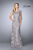 Picture of: Long Metallic Lace Prom Dress with Boat neck in Platinum, Style: 24860, Main Picture