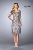 Picture of: Short Dress with Lace Applique and Illusion Sleeves in Platinum, Style: 24878, Main Picture