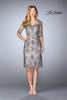 Picture of: Short Dress with Lace Applique and Illusion Sleeves in Platinum, Style: 24878, Main Picture