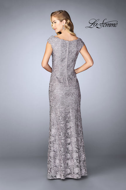 Picture of: Long Metallic Lace Prom Dress with Boat neck in Platinum, Style: 24860, Back Picture