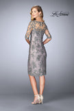 Picture of: Short Dress with Lace Applique and Illusion Sleeves in Platinum, Style: 24878, Back Picture