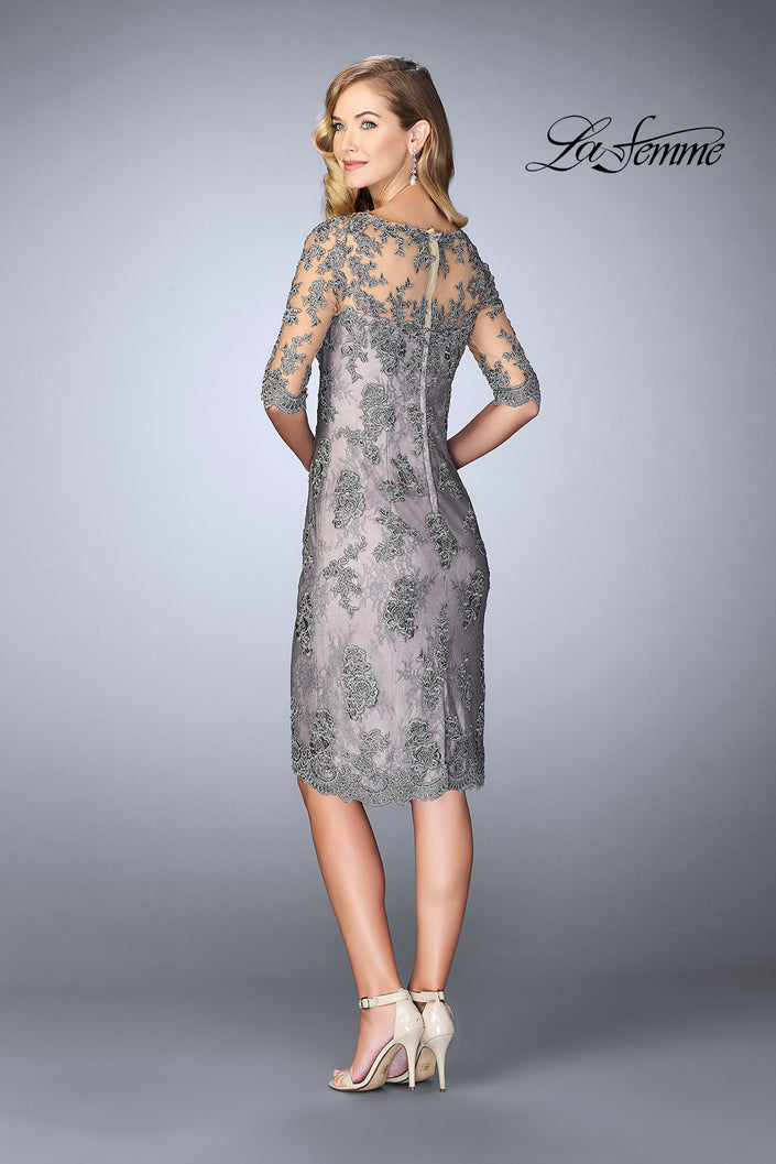 Picture of: Short Dress with Lace Applique and Illusion Sleeves in Platinum, Style: 24878, Back Picture
