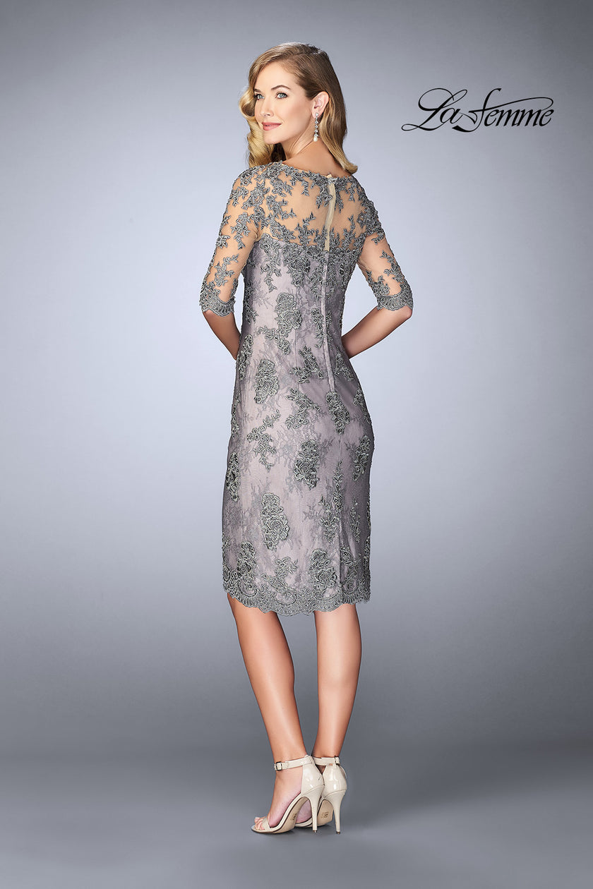 Picture of: Short Dress with Lace Applique and Illusion Sleeves in Platinum, Style: 24878, Back Picture