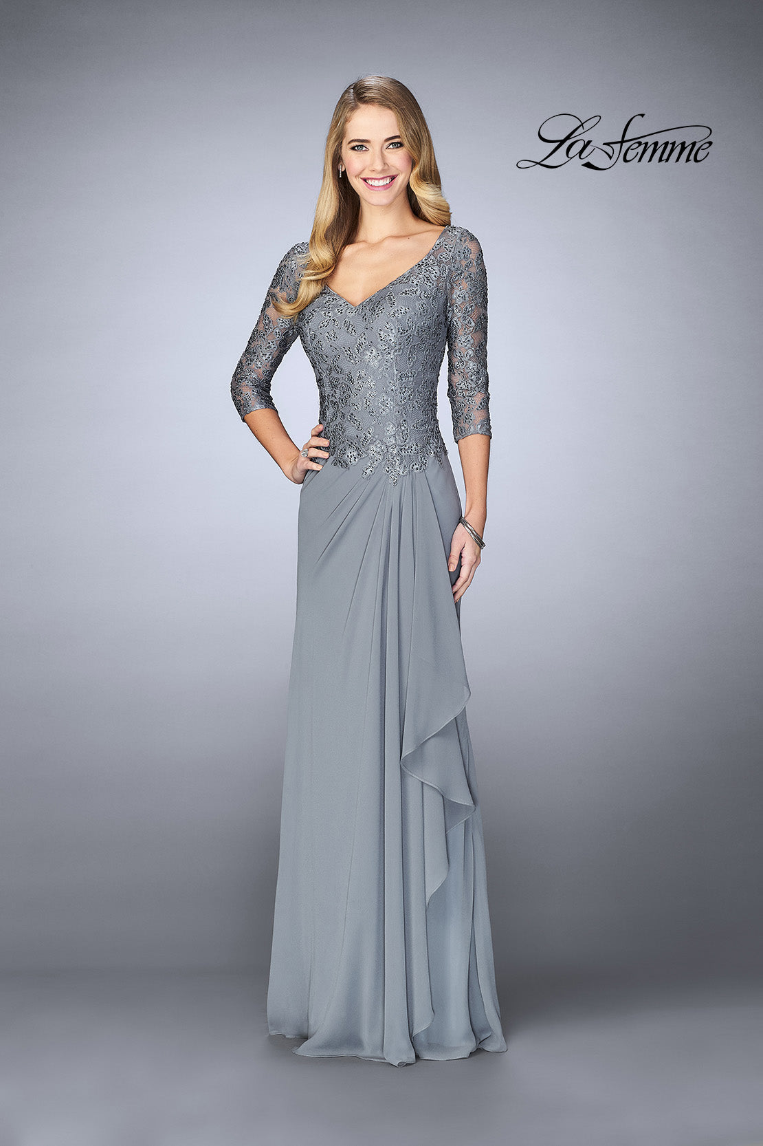 Picture of: Crepe Chiffon Gown with Lace Sweetheart Neckline in Platinum, Style: 24857, Detail Picture 1