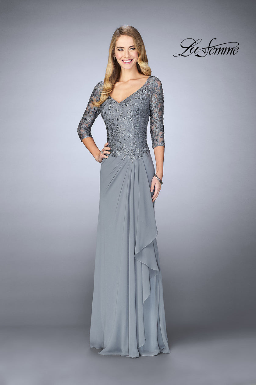 Picture of: Crepe Chiffon Gown with Lace Sweetheart Neckline in Platinum, Style: 24857, Detail Picture 1