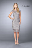 Picture of: Short Metallic Lace Dress with Sheer Top and Hem in Platinum, Style: 24861, Detail Picture 1