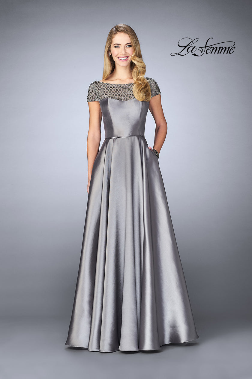 Picture of: A-line Mikado Gown with Sheer Beaded Top in Platinum, Style: 24883, Detail Picture 1