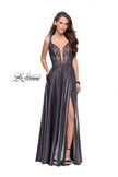 Picture of: Two Tone A-line Gown with Lace Bodice and Leg Slit in Platinum, Style: 25907, Main Picture