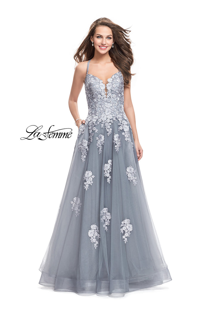 Picture of: Long Floral Lace Ball Gown with Tulle Skirt in Platinum, Style: 26236, Main Picture