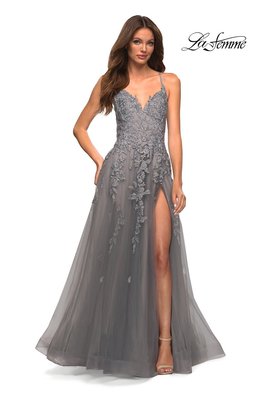 Picture of: Gorgeous Lace and Tulle Ball Gown with High Slit in Silver, Style: 30591, Main Picture
