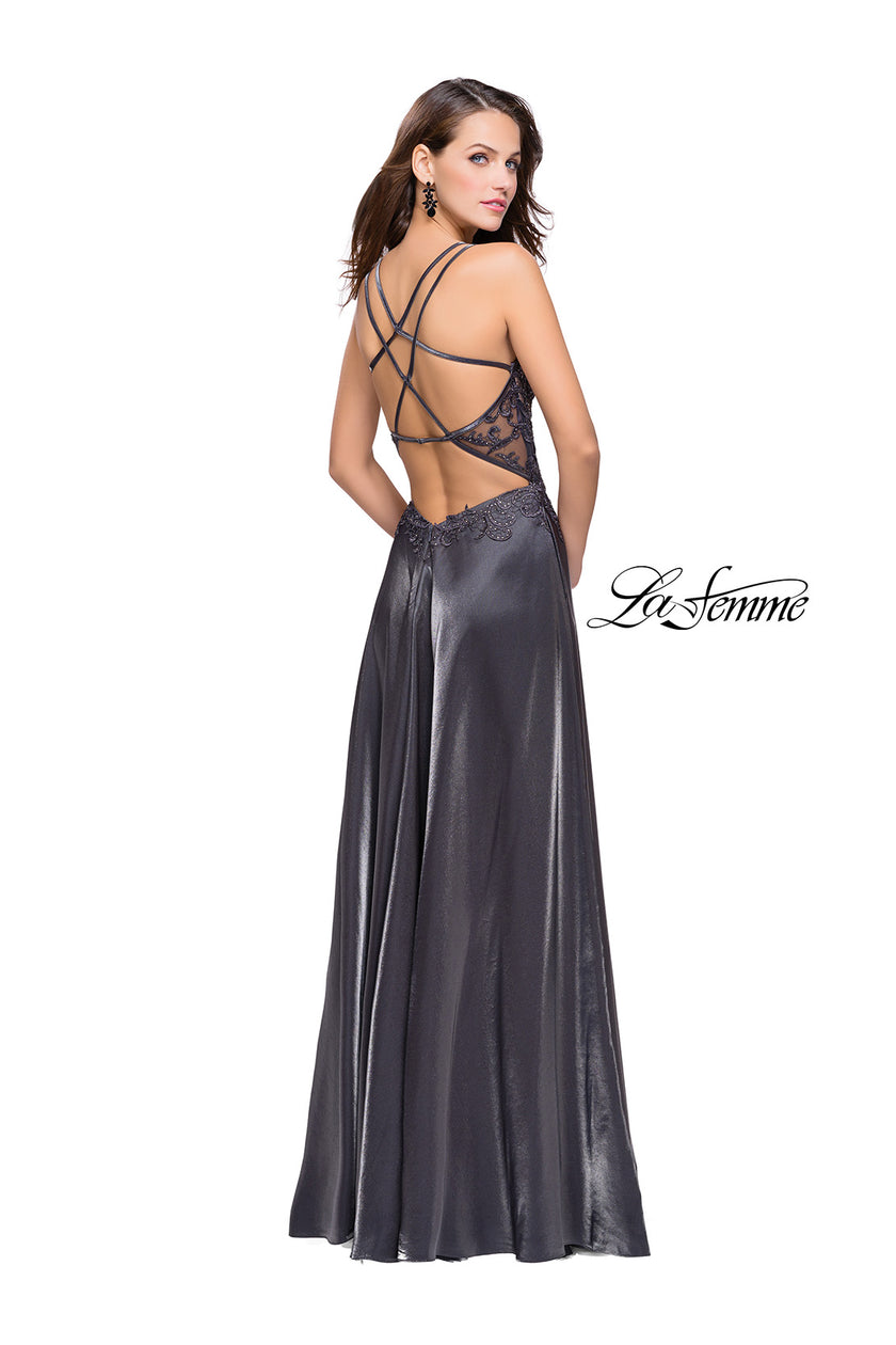 Picture of: Two Tone A-line Gown with Lace Bodice and Leg Slit in Platinum, Style: 25907, Back Picture