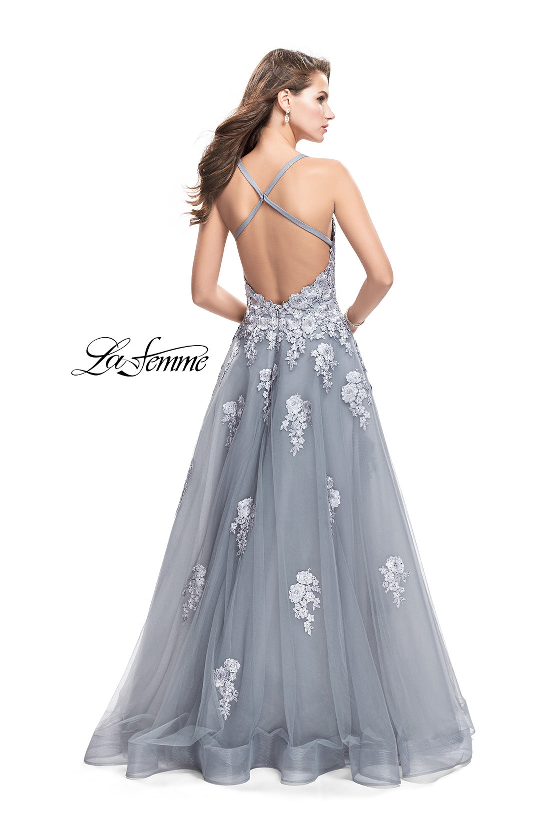 Picture of: Long Floral Lace Ball Gown with Tulle Skirt in Platinum, Style: 26236, Back Picture