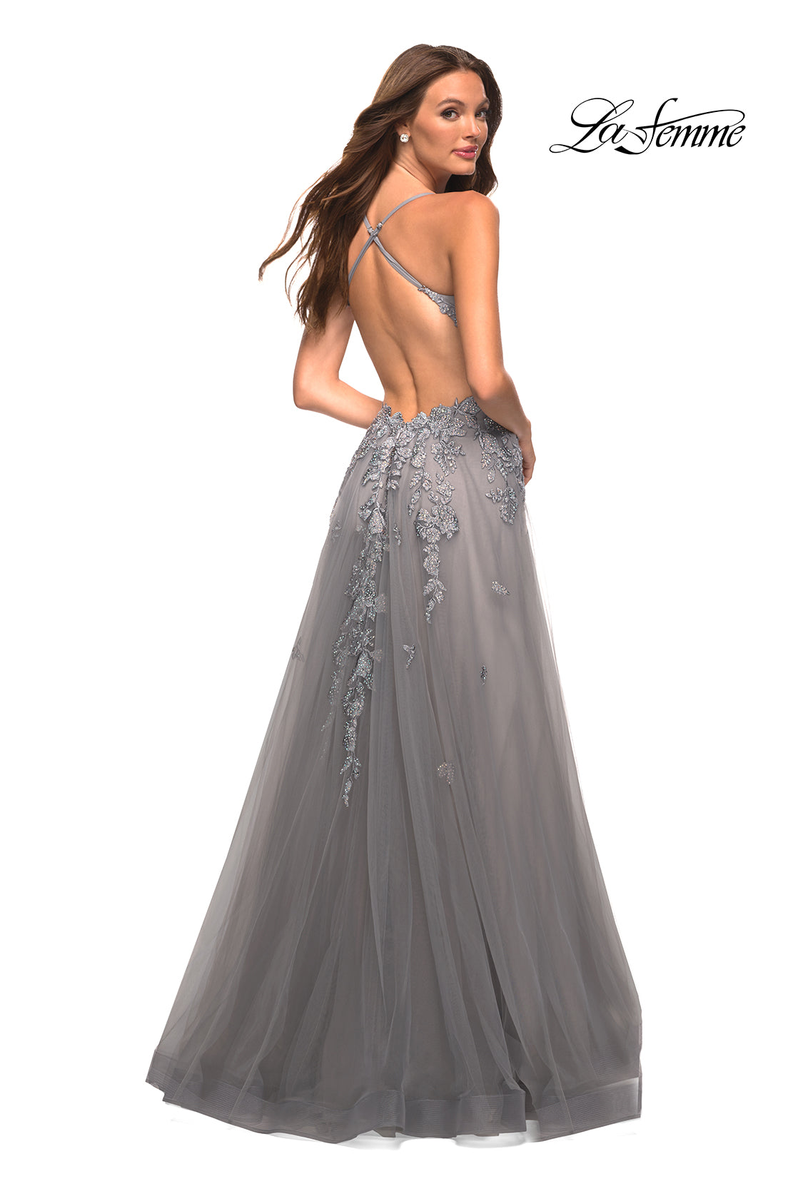 Picture of: Gorgeous Lace and Tulle Ball Gown with High Slit in Silver, Style: 30591, Back Picture