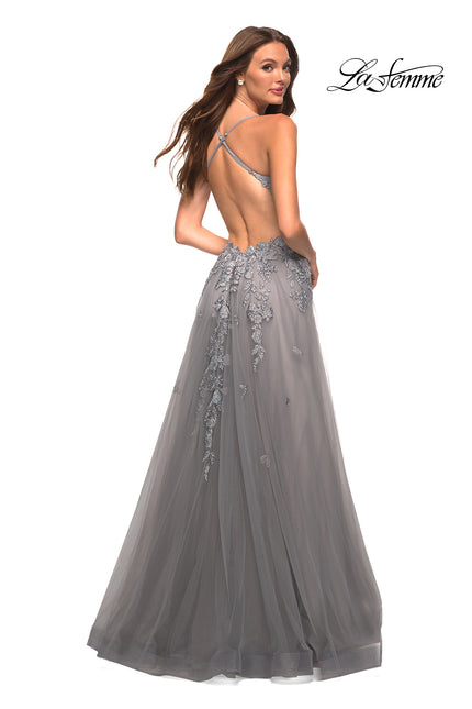 Picture of: Gorgeous Lace and Tulle Ball Gown with High Slit in Silver, Style: 30591, Back Picture
