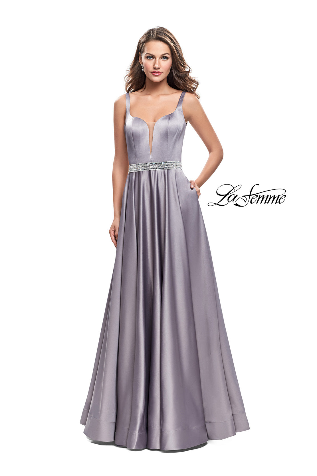 Picture of: Satin Prom Dress with A Line Skirt and Beaded Belt in Platinum, Style: 24821, Detail Picture 1