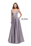Picture of: Satin Prom Dress with A Line Skirt and Beaded Belt in Platinum, Style: 24821, Detail Picture 1