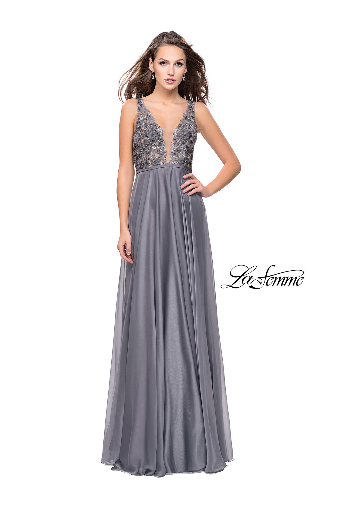 Picture of: A-line Prom Gown with Chiffon Skirt and Lace in Platinum, Style: 26061, Detail Picture 2