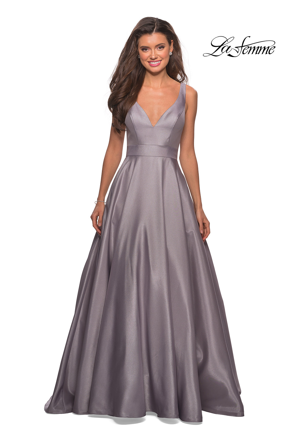 Picture of: Long Mikado Ball Gown with V Front and Back in Platinum, Style: 27202, Detail Picture 2