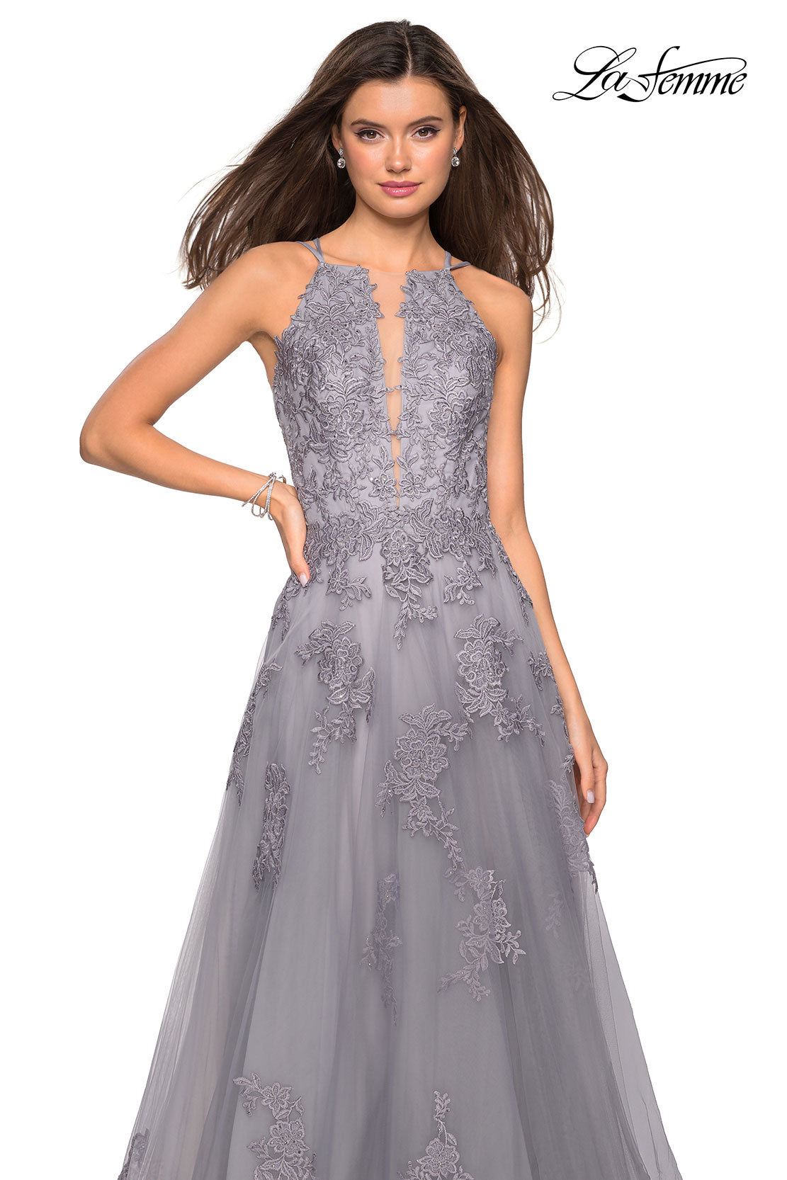 Picture of: Tulle Prom Dress with Lace Bodice and Strappy Back in Platinum, Style: 27143, Detail Picture 6