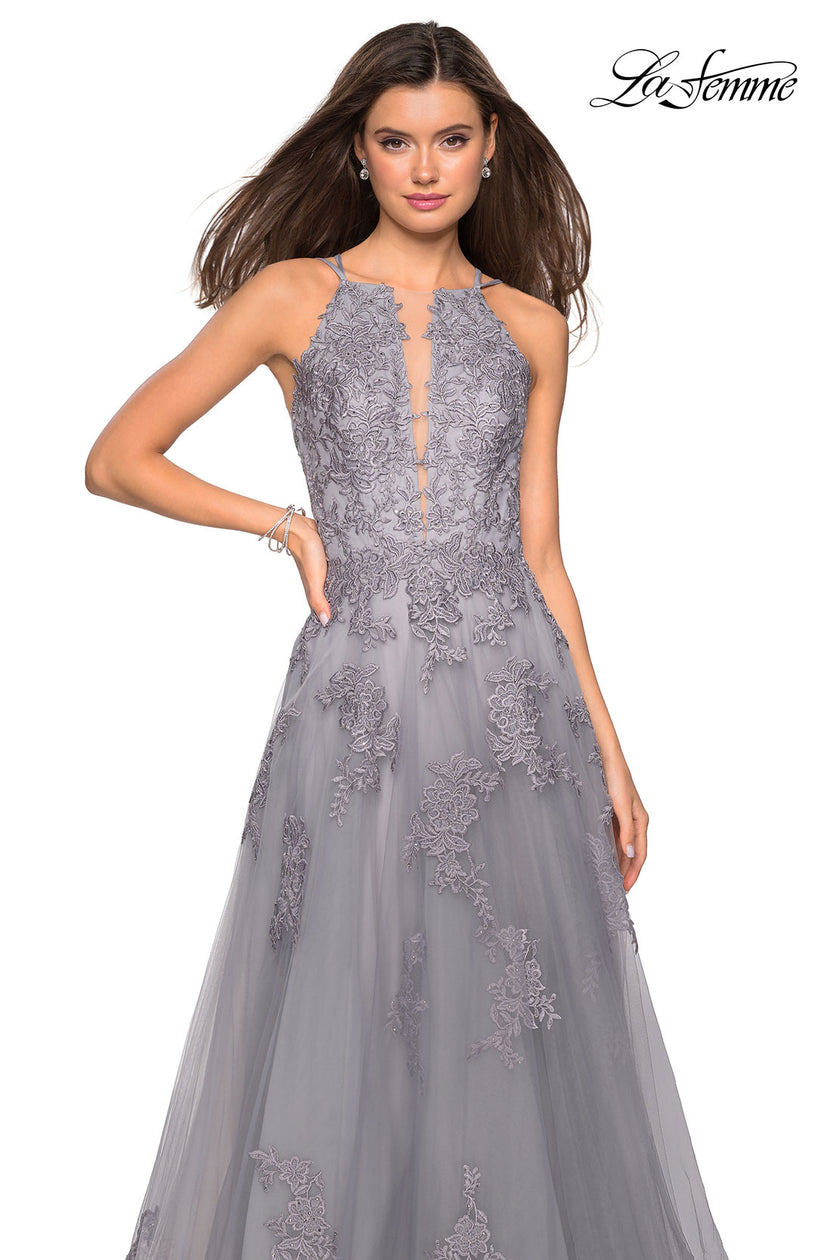 Picture of: Tulle Prom Dress with Lace Bodice and Strappy Back in Platinum, Style: 27143, Detail Picture 6