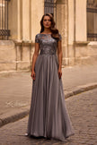 Picture of: Short Sleeve Metallic Lace Evening Dress with Chiffon Skirt, Style: 27924, Main Picture
