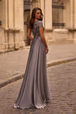 Picture of: Short Sleeve Metallic Lace Evening Dress with Chiffon Skirt, Style: 27924, Back Picture