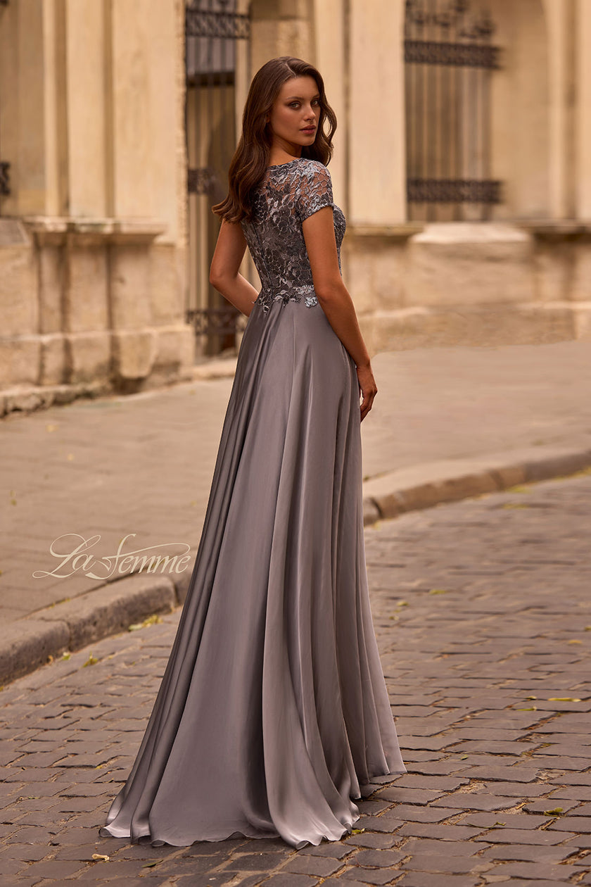 Picture of: Short Sleeve Metallic Lace Evening Dress with Chiffon Skirt, Style: 27924, Back Picture