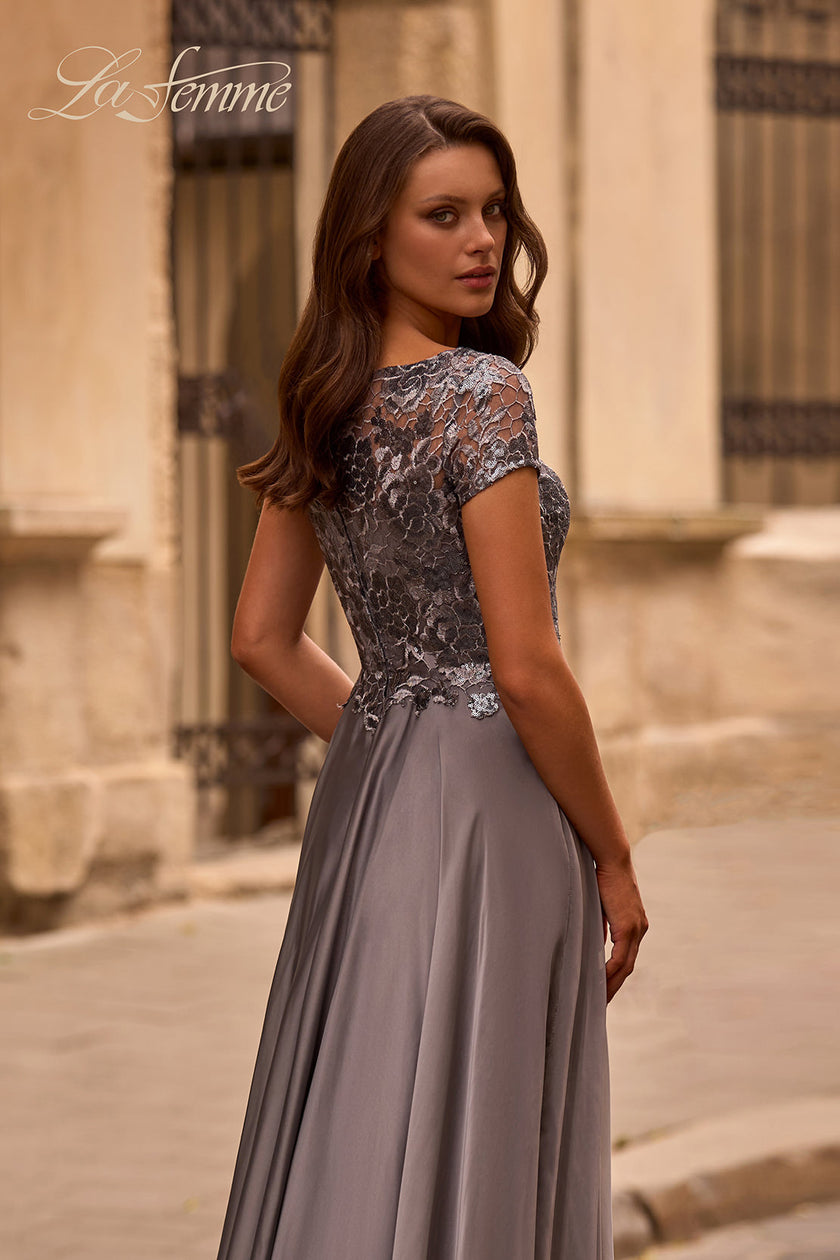 Picture of: Short Sleeve Metallic Lace Evening Dress with Chiffon Skirt, Style: 27924, Detail Picture 2