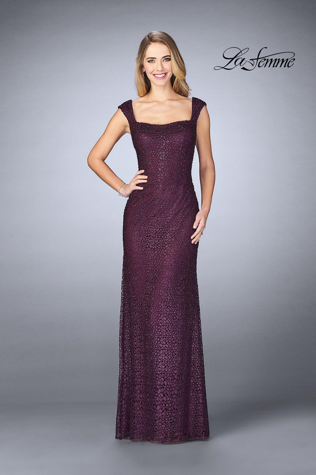Picture of: Lace Evening Gown with Thick Straps and Beading in Plum, Style: 24891, Main Picture