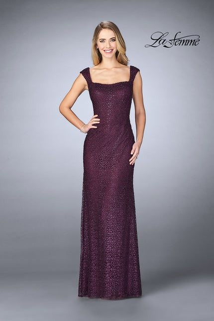 Picture of: Lace Evening Gown with Thick Straps and Beading in Plum, Style: 24891, Main Picture