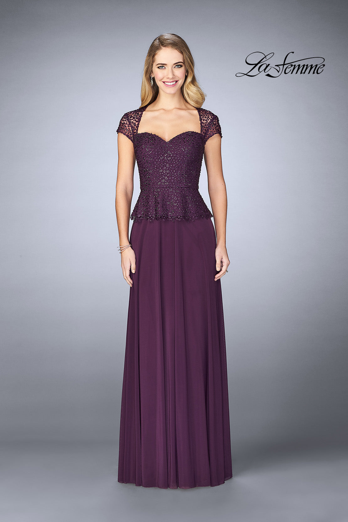Picture of: Beaded Lace Evening Dress with Cap Sleeves and Peplum in Plum, Style: 24915, Detail Picture 1