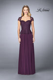 Picture of: Beaded Lace Evening Dress with Cap Sleeves and Peplum in Plum, Style: 24915, Detail Picture 1