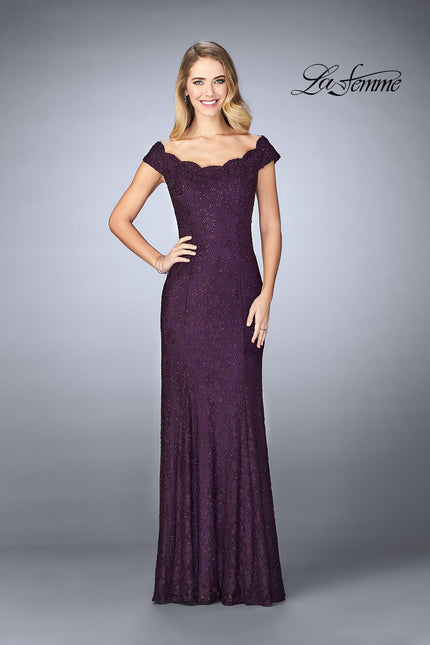 Picture of: Scalloped Off the Shoulder Lace Gown with Flare Skirt in Plum, Style: 24928, Detail Picture 1