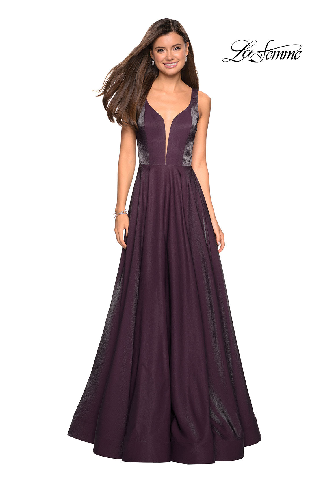 Picture of: Two Tone Satin Long Gown with Plunging Neckline in Plum, Style: 27049, Main Picture