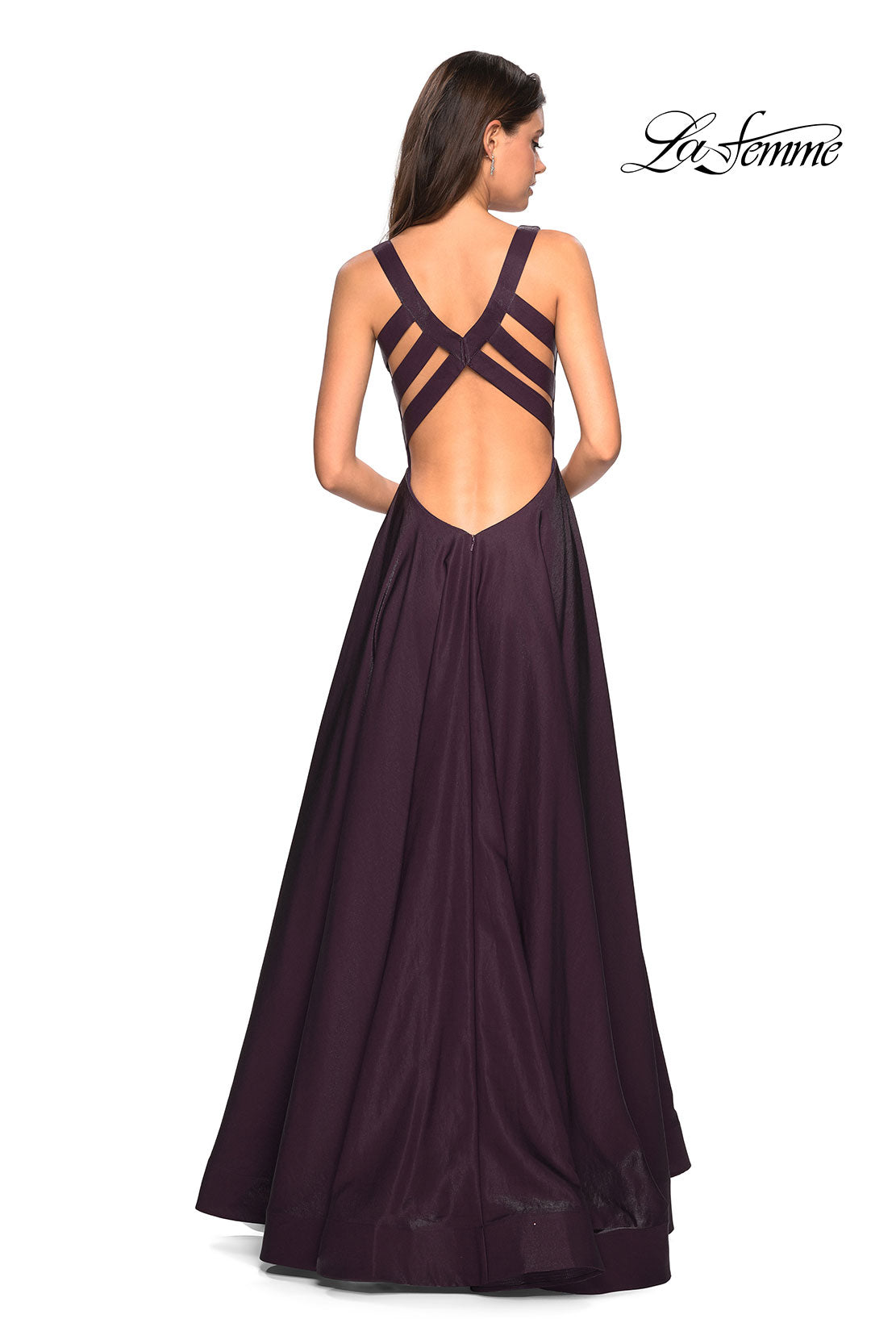 Picture of: Two Tone Satin Long Gown with Plunging Neckline in Plum, Style: 27049, Back Picture
