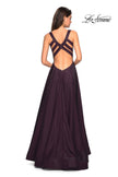 Picture of: Two Tone Satin Long Gown with Plunging Neckline in Plum, Style: 27049, Back Picture