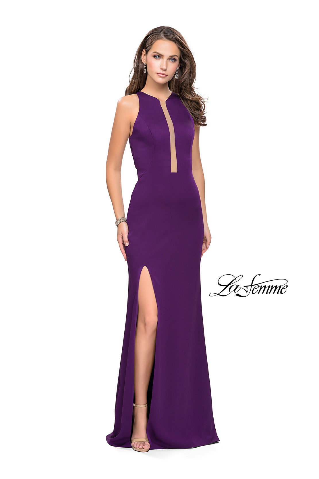 Picture of: High Neck Satin Gown with Leg Slit and Strappy Back in Plum, Style: 25962, Detail Picture 7